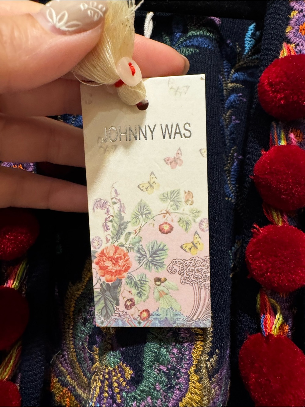 Johnny Was Navy Embroidered Kimono Cardigan with Red Pom Accents - Picture 5 of 11